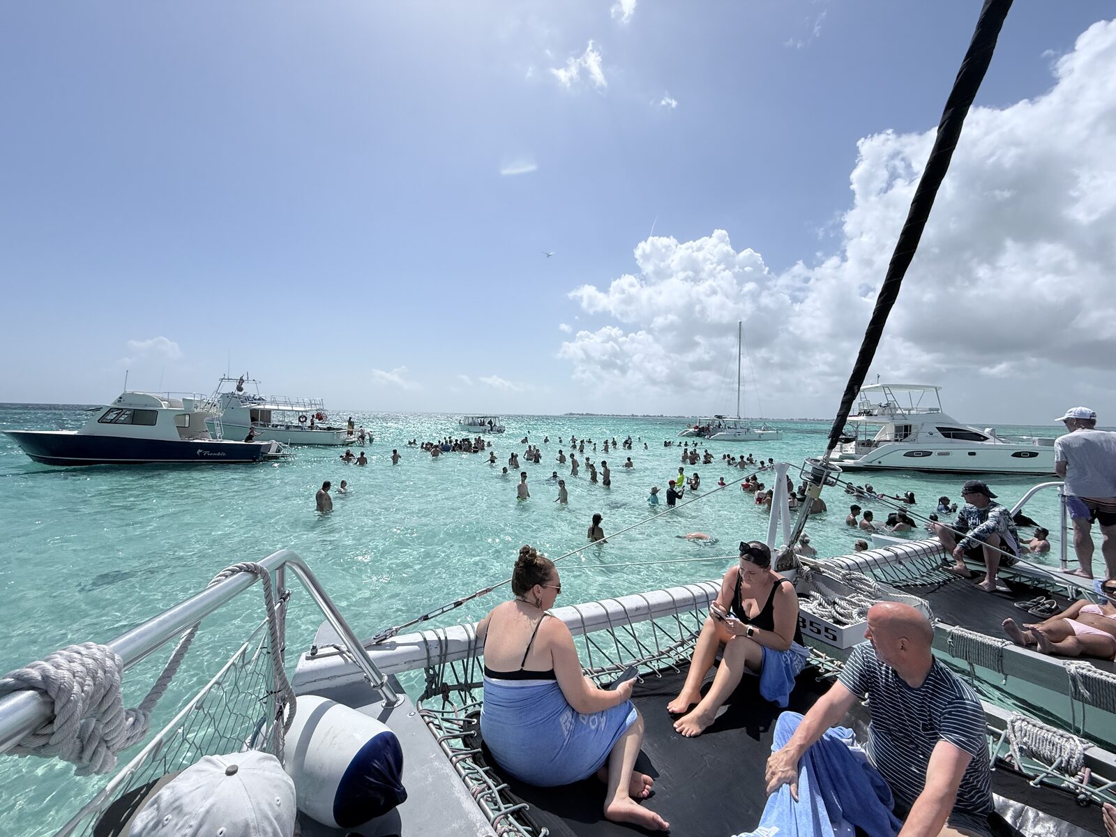 Guests swimming with stingrays on a Stingray City catamaran excursion in the Cayman Islands