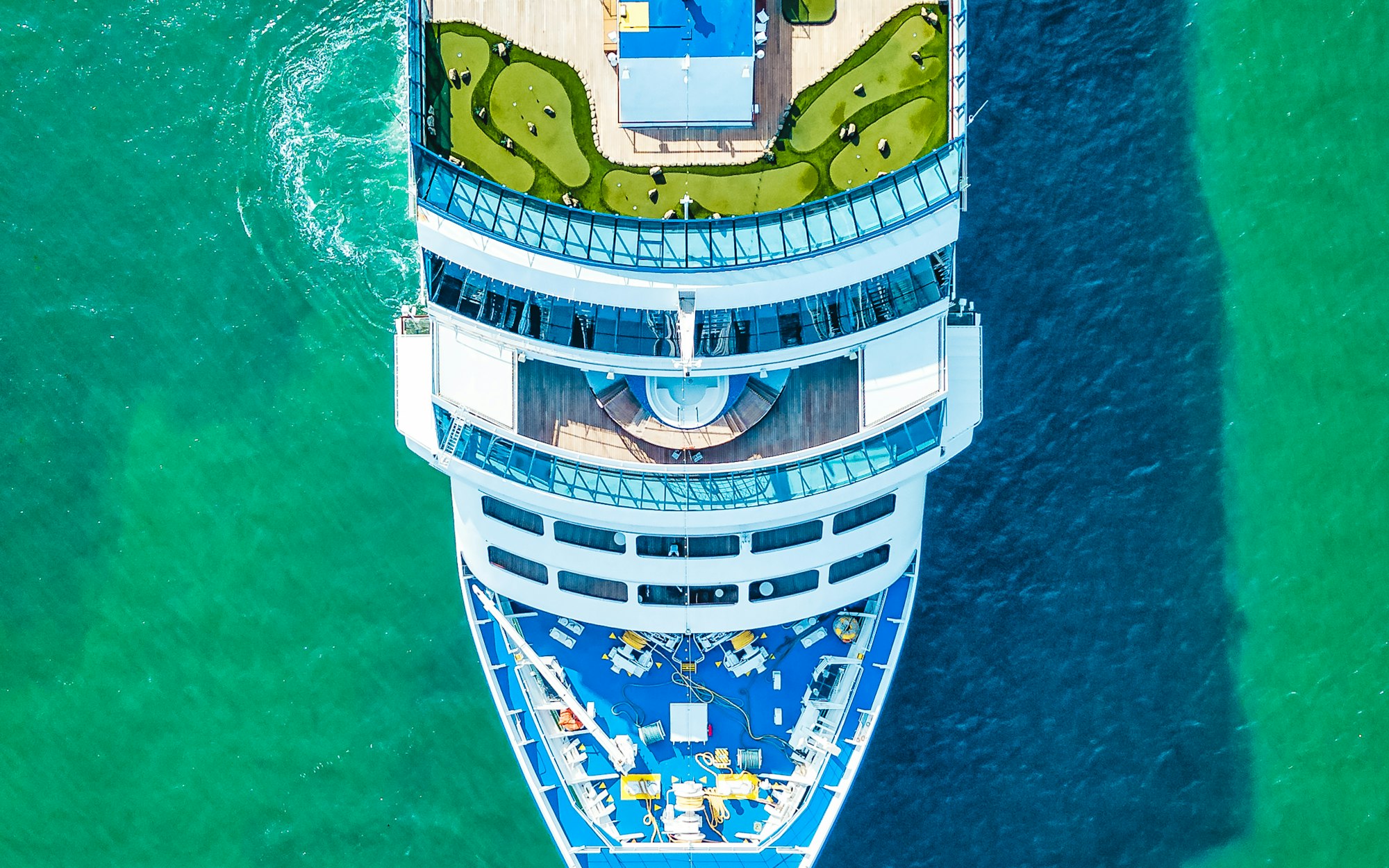 Aerial view of a cruise ship at sea